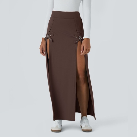 Halara High Waisted Decorative Buckle Split 2-in-1 Maxi Casual Skirt Sz XS Brown - Picture 1 of 8